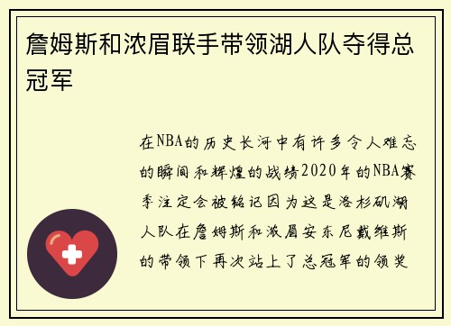 詹姆斯和浓眉联手带领湖人队夺得总冠军